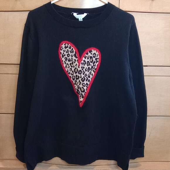 Time and Tru Long Sleeve Black Knit Sweater Heart Leopard Print & Red XL - Picture 1 of 4